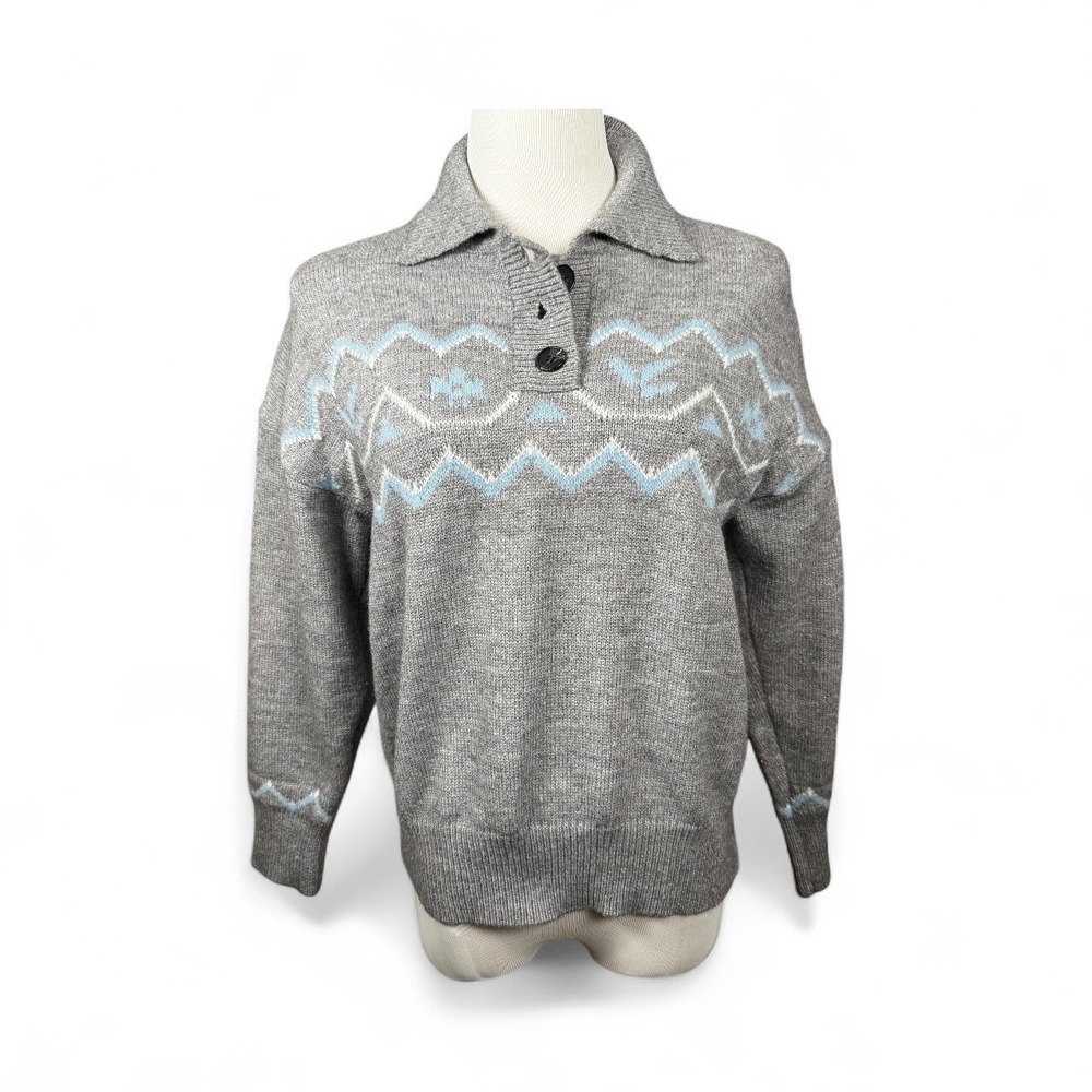 Woven Heart Womens S Gray Knit Sweater Long Sleeve Fair Isle Cabincore Nordic